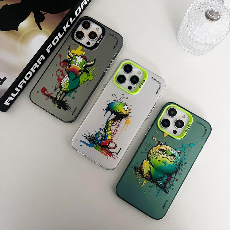 For iPhone 15 Pro Max Double Layer Color Silver Series Animal Oil Painting Phone Case(Happy Rabbit) - HoMEdemic™ 
