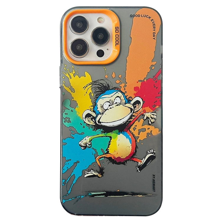 For iPhone 15 Pro Max Double Layer Color Silver Series Animal Oil Painting Phone Case(Jumping Monkey) - HoMEdemic™ 