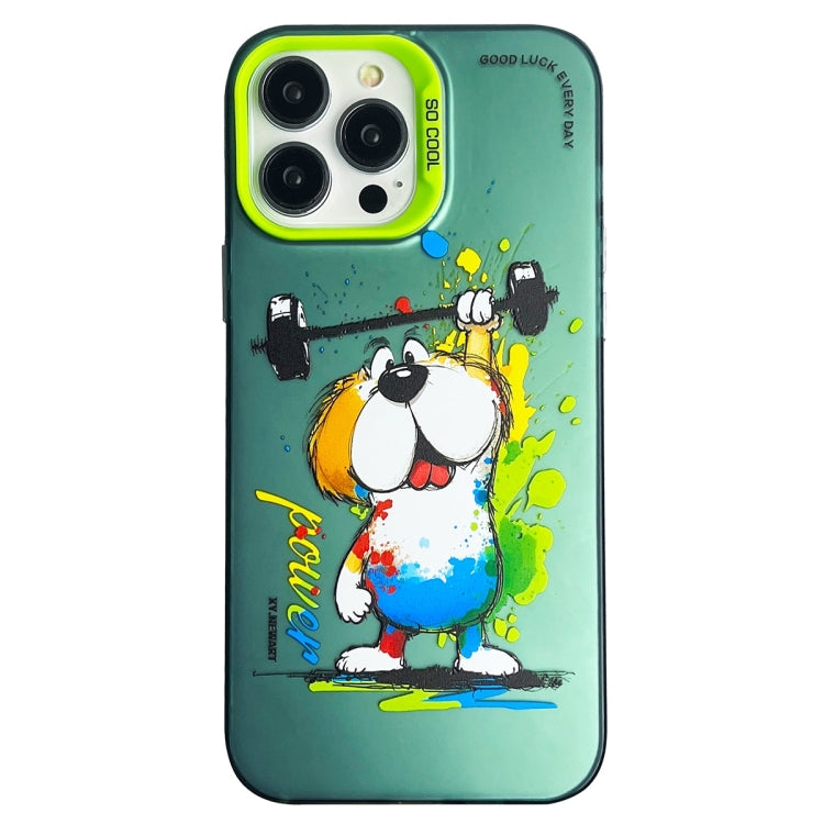 For iPhone 15 Pro Max Double Layer Color Silver Series Animal Oil Painting Phone Case(Weightlifting Dog) - HoMEdemic™ 