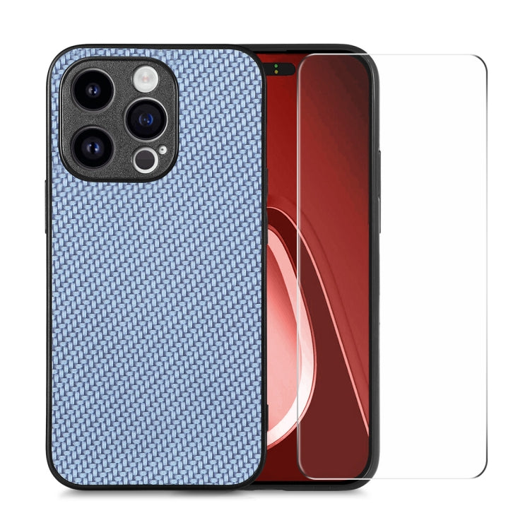 For iPhone 15 Pro Max ENKAY Fiber Leather Skin PC Phone Case with High Aluminum-silicon Glass Film(Blue) - HoMEdemic™ 