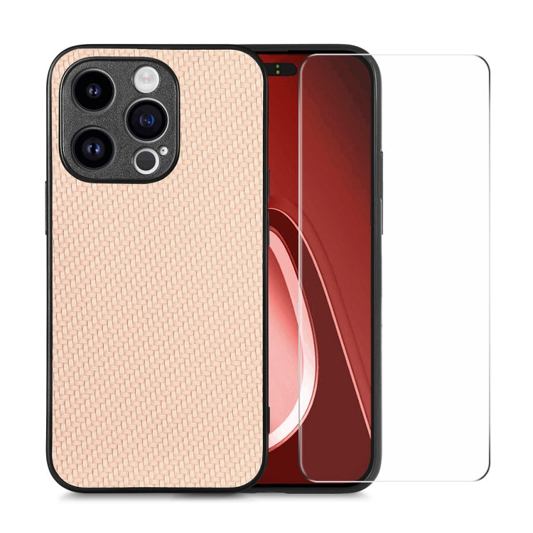 For iPhone 15 Pro Max ENKAY Fiber Leather Skin PC Phone Case with High Aluminum-silicon Glass Film(Khaki) - HoMEdemic™ 