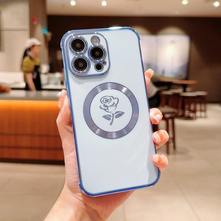 For iPhone 15 Pro Max Electroplate Side Roses Flower MagSafe Phone Case(Blue) - HoMEdemic™ 
