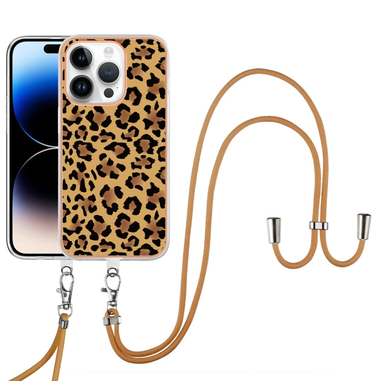 For iPhone 15 Pro Max Electroplating Dual-side IMD Phone Case with Lanyard(Leopard Print) - HoMEdemic™ 