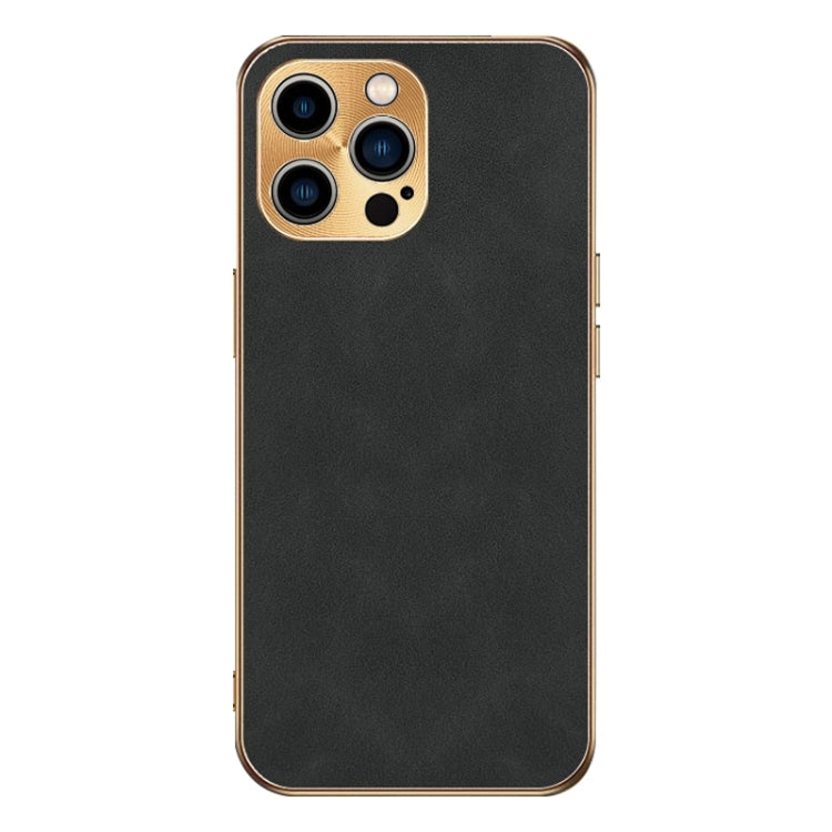 For iPhone 15 Pro Max Electroplating Lambskin Leather Phone Case(Black) - HoMEdemic™ 