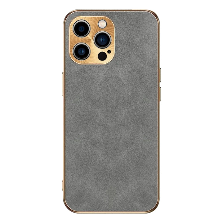 For iPhone 15 Pro Max Electroplating Lambskin Leather Phone Case(Grey) - HoMEdemic™ 