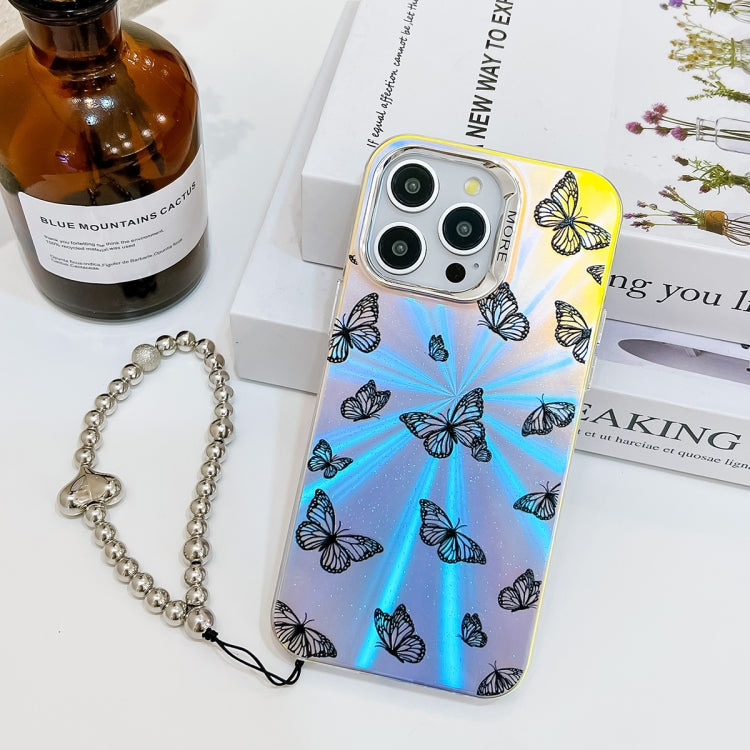 For iPhone 15 Pro Max Electroplating Laser Butterfly Phone Case with Wrist Strap(Black Butterflies AB5) - HoMEdemic™ 