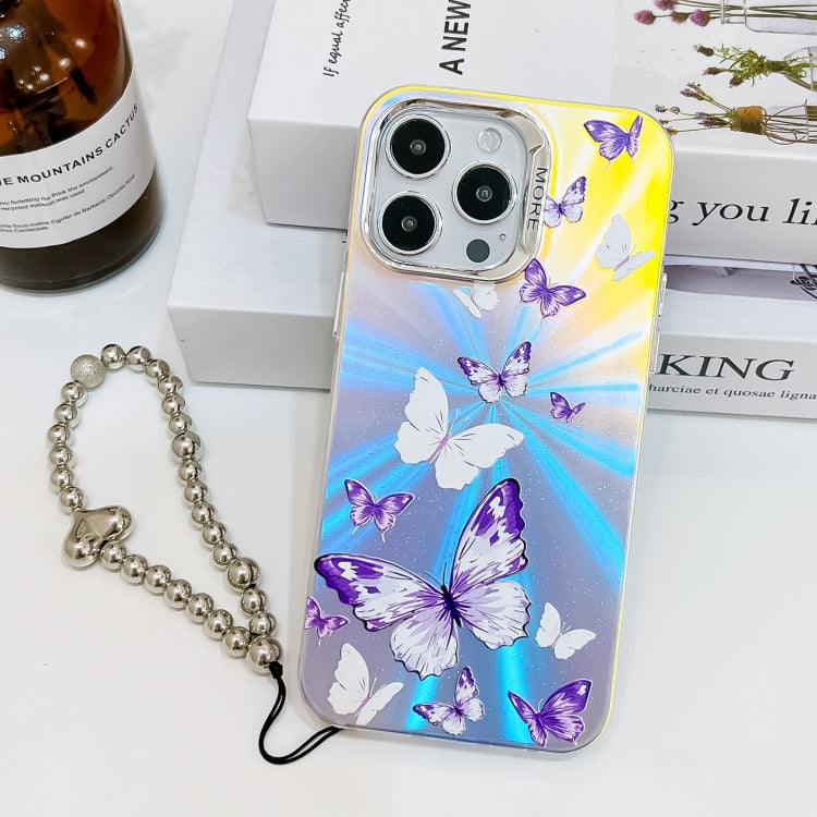 For iPhone 15 Pro Max Electroplating Laser Butterfly Phone Case with Wrist Strap(White Purple Butterflies AB6) - HoMEdemic™ 