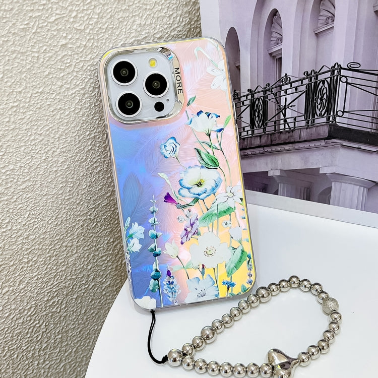For iPhone 15 Pro Max Electroplating Laser Flower Phone Case with Wrist Strap(Blue Flower AH8) - HoMEdemic™ 