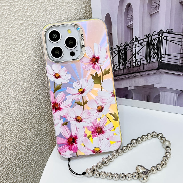 For iPhone 15 Pro Max Electroplating Laser Flower Phone Case with Wrist Strap(Cosmos Flower AH7) - HoMEdemic™ 