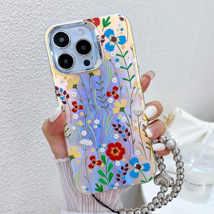 For iPhone 15 Pro Max Electroplating Laser Flower Phone Case with Wrist Strap(Flower AH6) - HoMEdemic™ 
