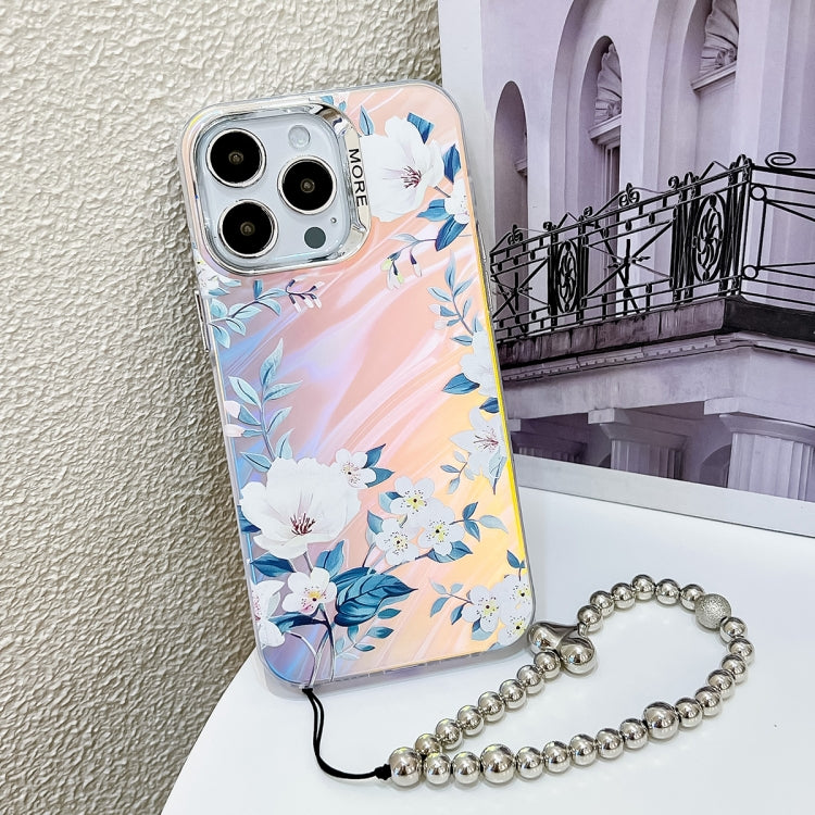 For iPhone 15 Pro Max Electroplating Laser Flower Phone Case with Wrist Strap(White Flower AH10) - HoMEdemic™ 