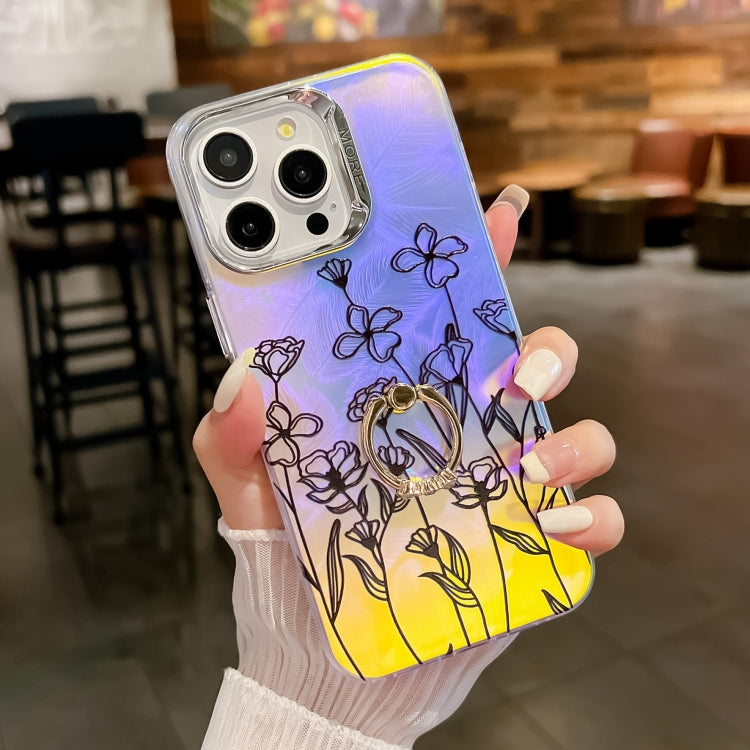 For iPhone 15 Pro Max Electroplating Laser Flower Ring Holder TPU Phone Case(Drawn Flowers AH3) - HoMEdemic™ 