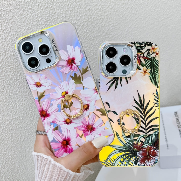 For iPhone 15 Pro Max Electroplating Laser Flower Ring Holder TPU Phone Case(Drawn Flowers AH3) - HoMEdemic™ 