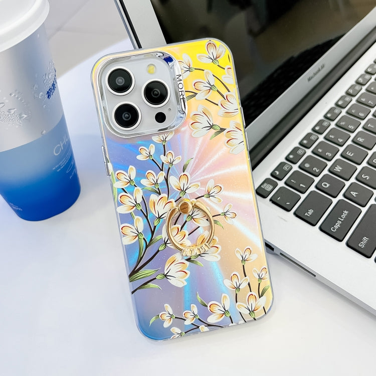 For iPhone 15 Pro Max Electroplating Laser Flower Ring Holder TPU Phone Case(Pear Blossom AH17) - HoMEdemic™ 