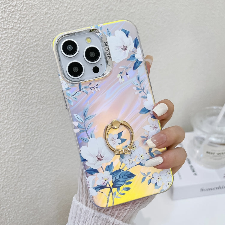 For iPhone 15 Pro Max Electroplating Laser Flower Ring Holder TPU Phone Case(White Flower AH10) - HoMEdemic™ 