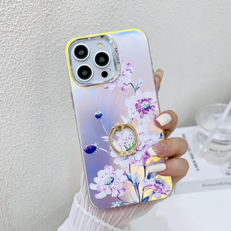 For iPhone 15 Pro Max Electroplating Laser Flower Ring Holder TPU Phone Case(Zinnia AH9) - HoMEdemic™ 
