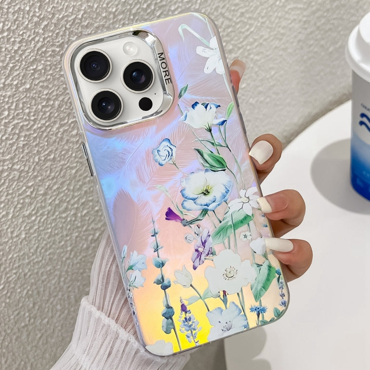 For iPhone 15 Pro Max Electroplating Laser Flower Texture TPU Phone Case(Blue Flower AH8) - HoMEdemic™ 