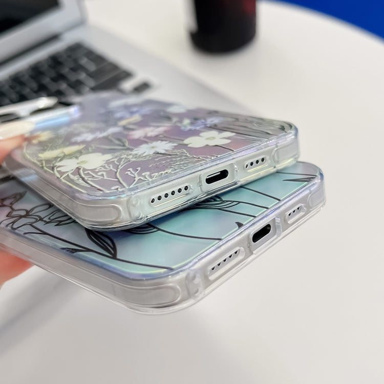 For iPhone 15 Pro Max Electroplating Laser Flower Texture TPU Phone Case(Blue Flower AH8) - HoMEdemic™ 