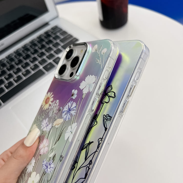 For iPhone 15 Pro Max Electroplating Laser Flower Texture TPU Phone Case(Drawn Flowers AH3) - HoMEdemic™ 