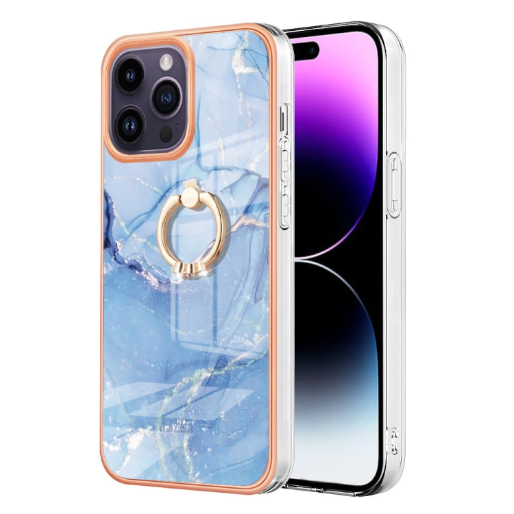 For iPhone 15 Pro Max Electroplating Marble Dual-side IMD Phone Case with Ring(Blue 018) - HoMEdemic™ 
