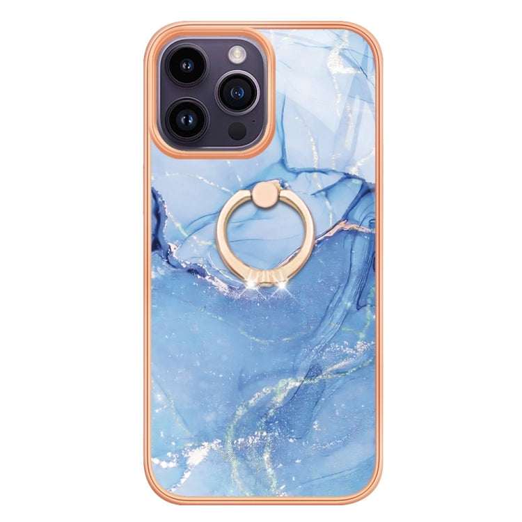 For iPhone 15 Pro Max Electroplating Marble Dual-side IMD Phone Case with Ring(Blue 018) - HoMEdemic™ 