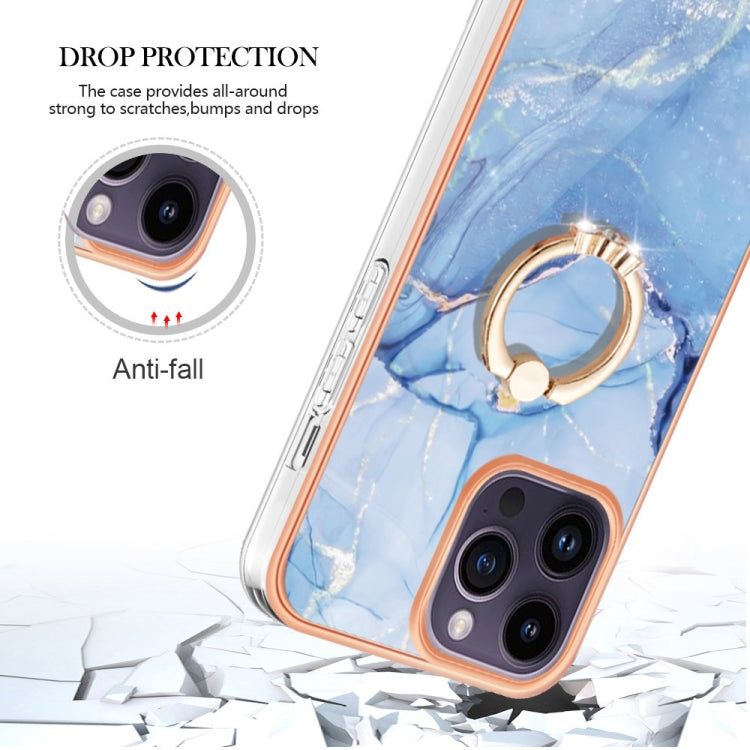For iPhone 15 Pro Max Electroplating Marble Dual-side IMD Phone Case with Ring(Blue 018) - HoMEdemic™ 