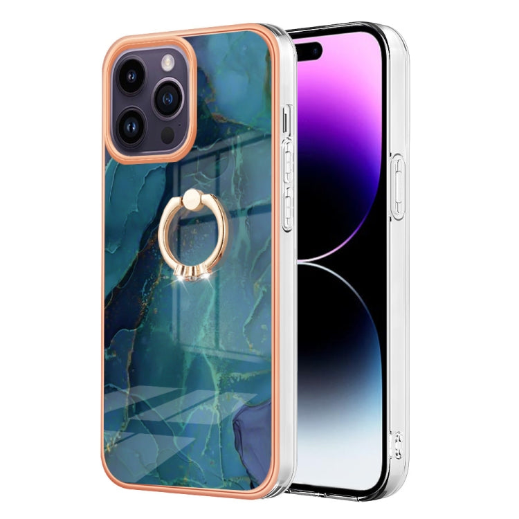 For iPhone 15 Pro Max Electroplating Marble Dual-side IMD Phone Case with Ring(Green 017) - HoMEdemic™ 