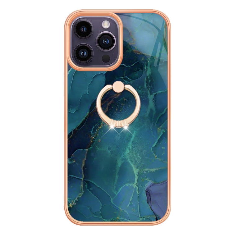 For iPhone 15 Pro Max Electroplating Marble Dual-side IMD Phone Case with Ring(Green 017) - HoMEdemic™ 