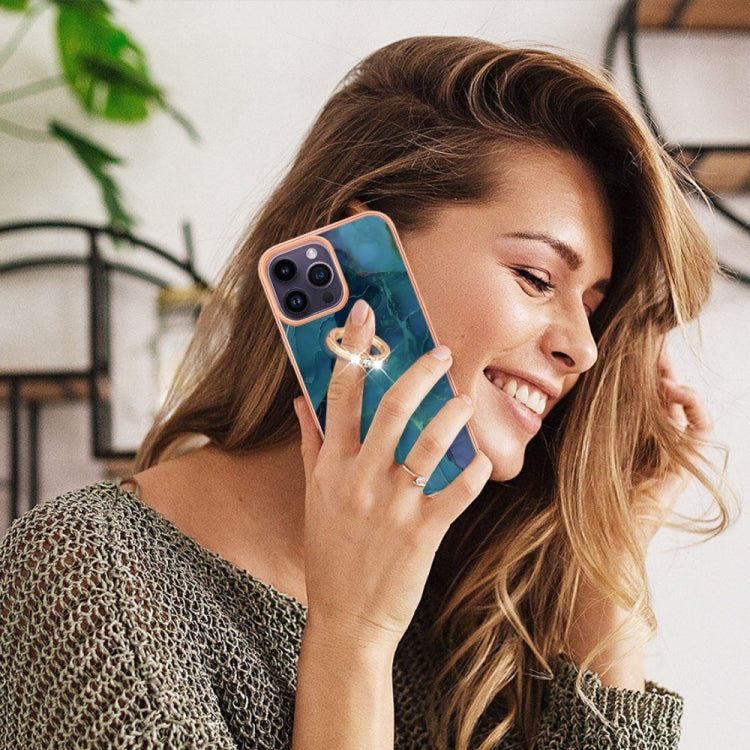 For iPhone 15 Pro Max Electroplating Marble Dual-side IMD Phone Case with Ring(Green 017) - HoMEdemic™ 