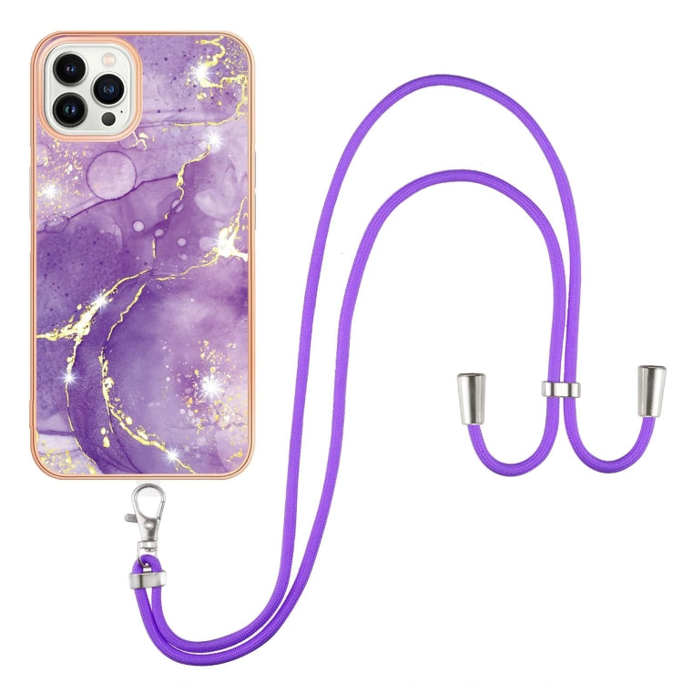 For iPhone 15 Pro Max Electroplating Marble Pattern IMD TPU Shockproof Case with Neck Lanyard(Purple 002) - HoMEdemic™ 