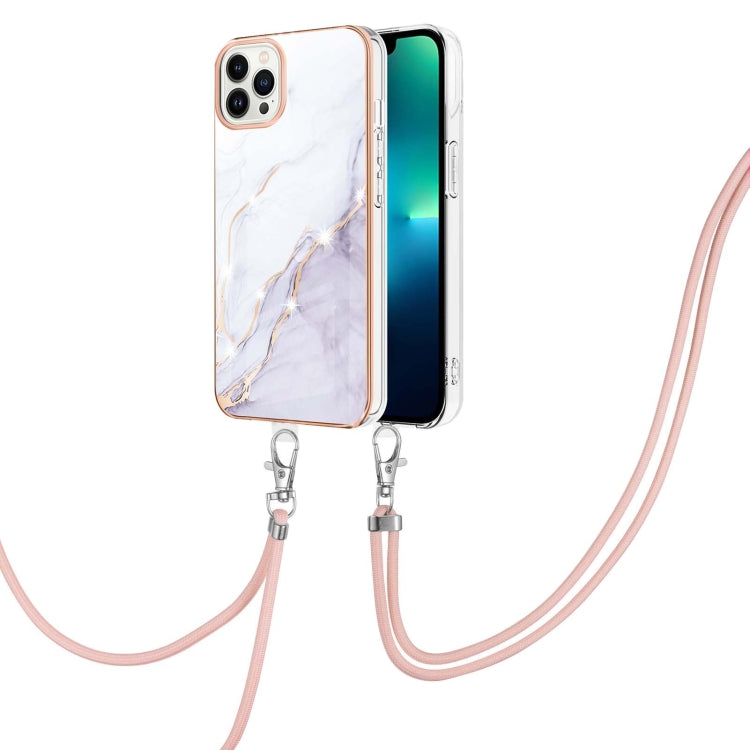 For iPhone 15 Pro Max Electroplating Marble Pattern IMD TPU Shockproof Case with Neck Lanyard(White 006) - HoMEdemic™ 
