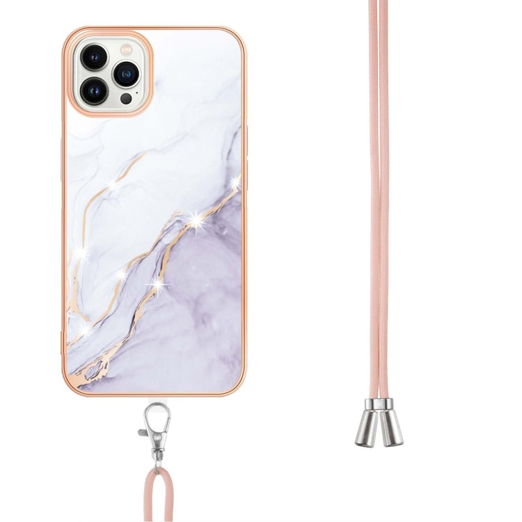 For iPhone 15 Pro Max Electroplating Marble Pattern IMD TPU Shockproof Case with Neck Lanyard(White 006) - HoMEdemic™ 