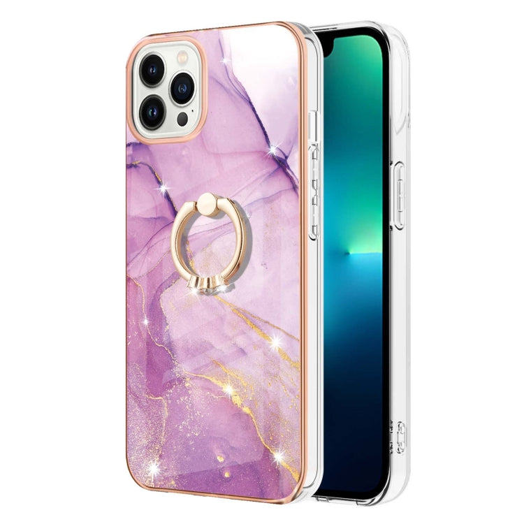 For iPhone 15 Pro Max Electroplating Marble Pattern IMD TPU Shockproof Case with Ring Holder(Purple 001) - HoMEdemic™ 
