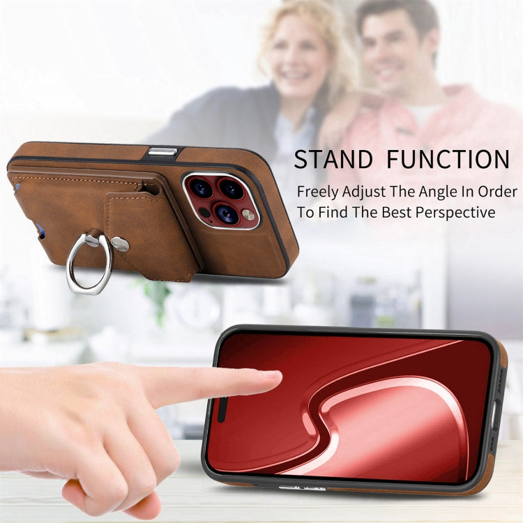For iPhone 15 Pro Max Electroplating Skin-feel Leather Ring Card Wallet Phone Case(Brown) - HoMEdemic™ 