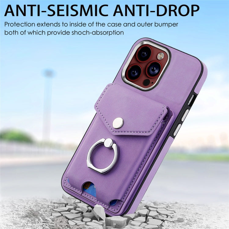 For iPhone 15 Pro Max Electroplating Skin-feel Leather Ring Card Wallet Phone Case(Purple) - HoMEdemic™ 