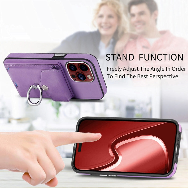 For iPhone 15 Pro Max Electroplating Skin-feel Leather Ring Card Wallet Phone Case(Purple) - HoMEdemic™ 