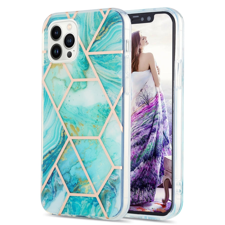 For iPhone 15 Pro Max Electroplating Splicing Marble Flower Pattern Dual-side IMD TPU Shockproof Phone Case(Blue) - HoMEdemic™ 