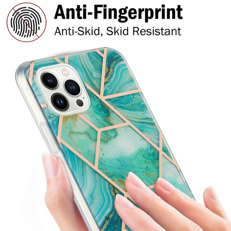 For iPhone 15 Pro Max Electroplating Splicing Marble Flower Pattern Dual-side IMD TPU Shockproof Phone Case(Blue) - HoMEdemic™ 