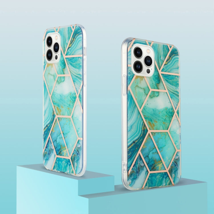 For iPhone 15 Pro Max Electroplating Splicing Marble Flower Pattern Dual-side IMD TPU Shockproof Phone Case(Blue) - HoMEdemic™ 