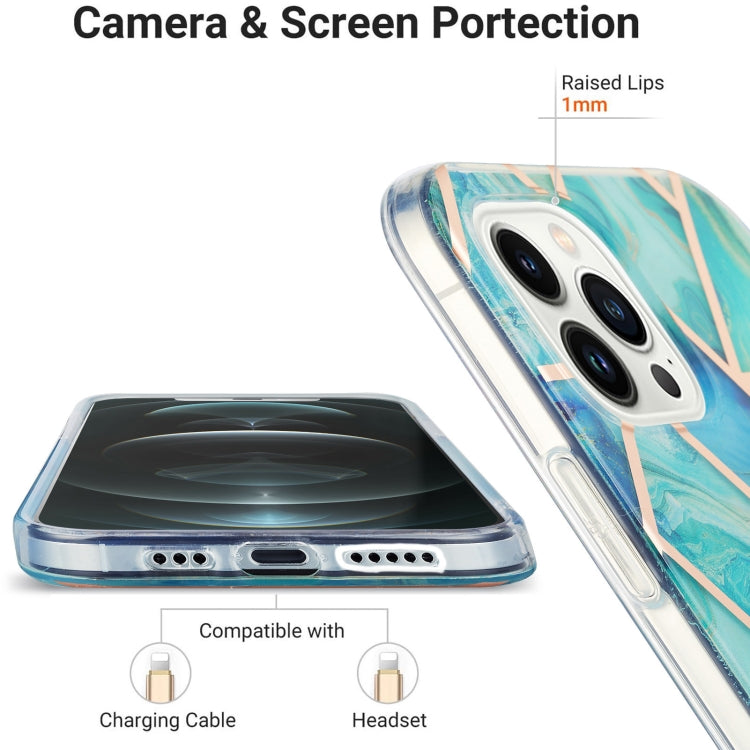 For iPhone 15 Pro Max Electroplating Splicing Marble Flower Pattern Dual-side IMD TPU Shockproof Phone Case(Green) - HoMEdemic™ 