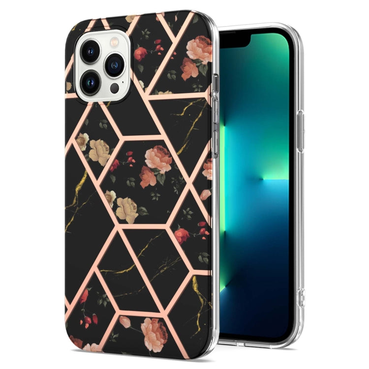For iPhone 15 Pro Max Electroplating Splicing Marble Flower Pattern TPU Shockproof Case(Black Flower) - HoMEdemic™ 