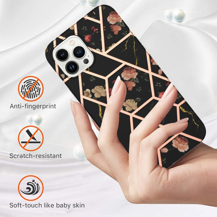 For iPhone 15 Pro Max Electroplating Splicing Marble Flower Pattern TPU Shockproof Case(Black Flower) - HoMEdemic™ 