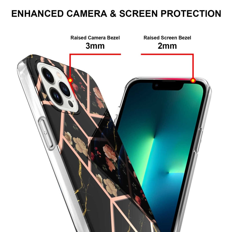 For iPhone 15 Pro Max Electroplating Splicing Marble Flower Pattern TPU Shockproof Case(Black Flower) - HoMEdemic™ 