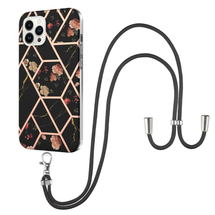 For iPhone 15 Pro Max Electroplating Splicing Marble Flower Pattern TPU Shockproof Case with Lanyard(Black Flower) - HoMEdemic™ 