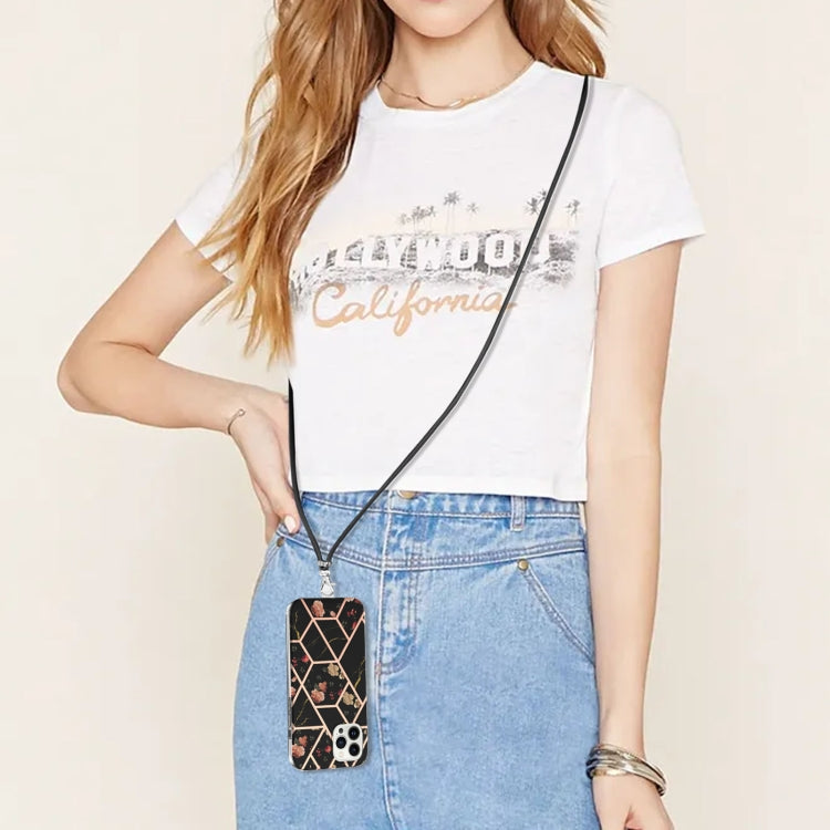 For iPhone 15 Pro Max Electroplating Splicing Marble Flower Pattern TPU Shockproof Case with Lanyard(Black Flower) - HoMEdemic™ 