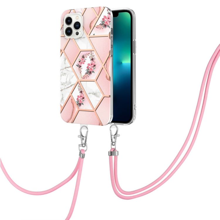 For iPhone 15 Pro Max Electroplating Splicing Marble Flower Pattern TPU Shockproof Case with Lanyard(Pink Flower) - HoMEdemic™ 