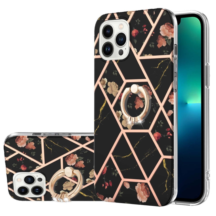 For iPhone 15 Pro Max Electroplating Splicing Marble Flower Pattern TPU Shockproof Case with Rhinestone Ring Holder(Black Flower) - HoMEdemic™ 
