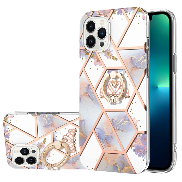 For iPhone 15 Pro Max Electroplating Splicing Marble Flower Pattern TPU Shockproof Case with Rhinestone Ring Holder(Imperial Crown) - HoMEdemic™ 