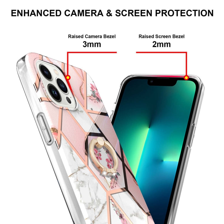 For iPhone 15 Pro Max Electroplating Splicing Marble Flower Pattern TPU Shockproof Case with Rhinestone Ring Holder(Pink Flower) - HoMEdemic™ 