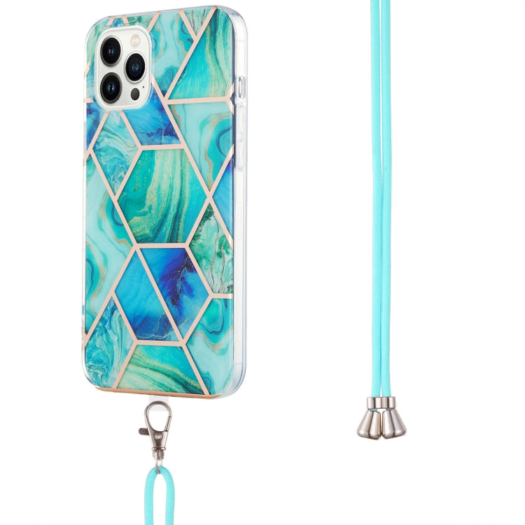 For iPhone 15 Pro Max Electroplating Splicing Marble Pattern IMD TPU Shockproof Case with Neck Lanyard(Green) - HoMEdemic™ 